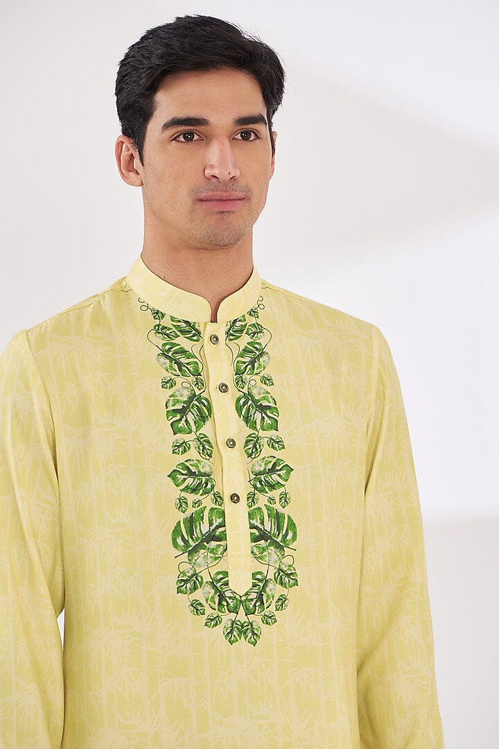 Powder Yellow Crepe Tropical Printed Kurta Set by SIDHARTH K KAKKAR at Pernia's Pop Up Shop