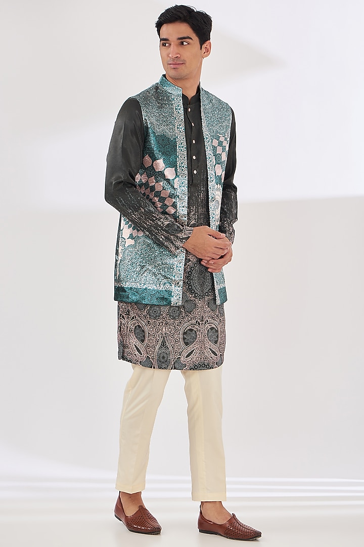 Persian Blue Satin Abstract Printed Indo-Western Set by SIDHARTH K KAKKAR