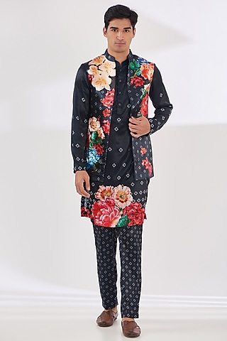 Navy Blue Satin Floral Printed Indo-Western Set by SIDHARTH K KAKKAR