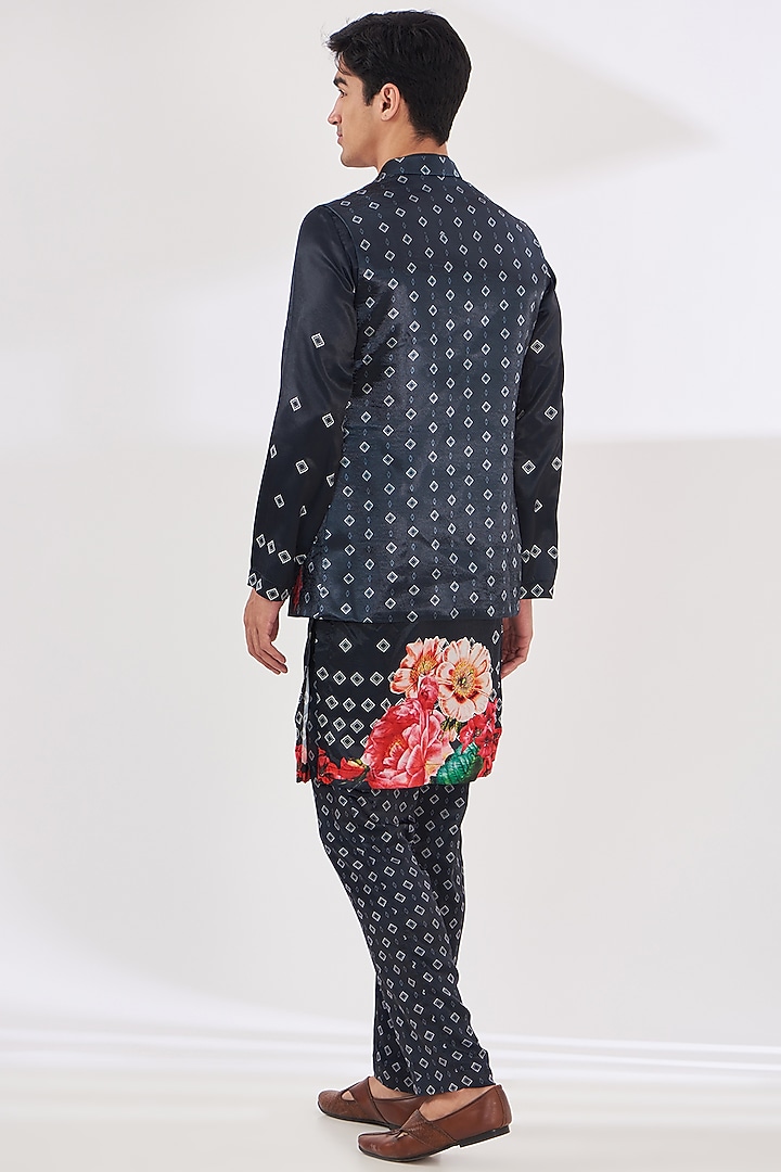 Navy Blue Satin Floral Printed Indo-Western Set by SIDHARTH K KAKKAR at Pernia's Pop Up Shop