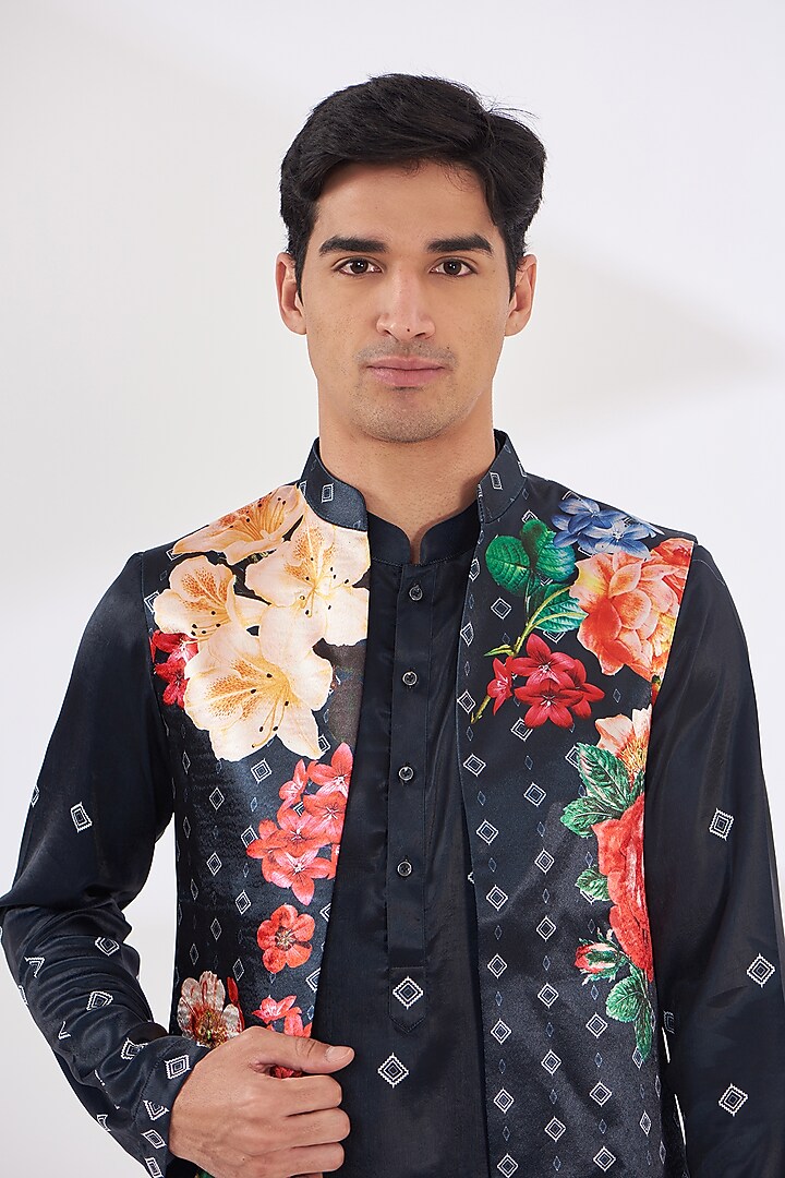 Navy Blue Satin Floral Printed Indo-Western Set by SIDHARTH K KAKKAR at Pernia's Pop Up Shop