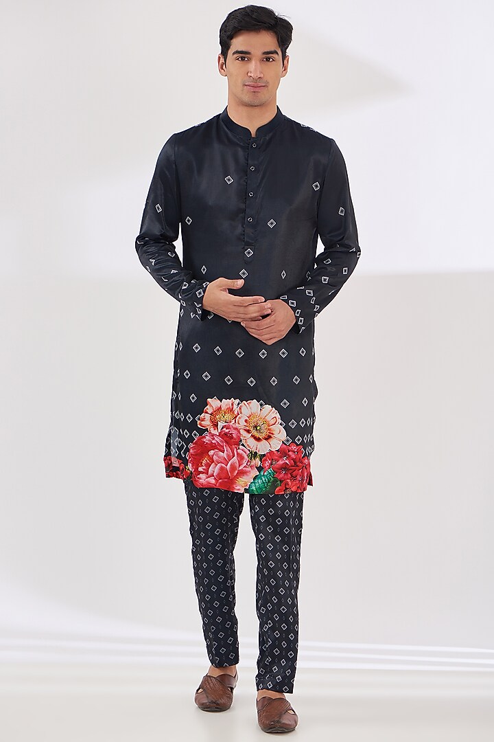 Navy Blue Satin Floral Printed Indo-Western Set by SIDHARTH K KAKKAR at Pernia's Pop Up Shop