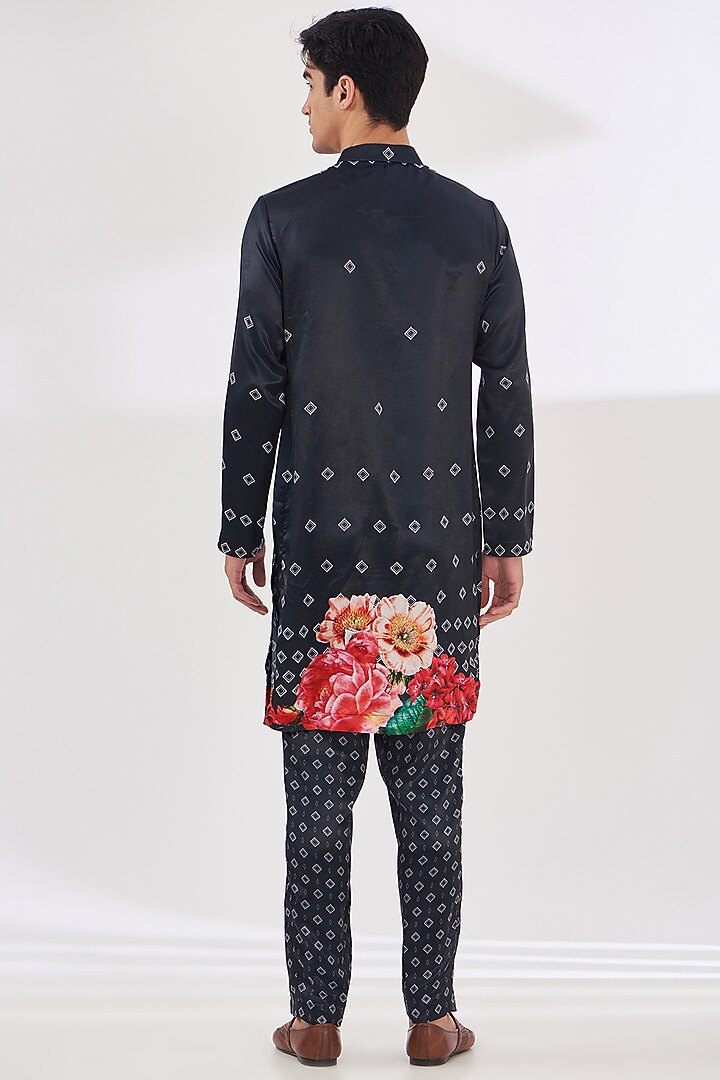 Navy Blue Satin Floral Printed Indo-Western Set by SIDHARTH K KAKKAR at Pernia's Pop Up Shop