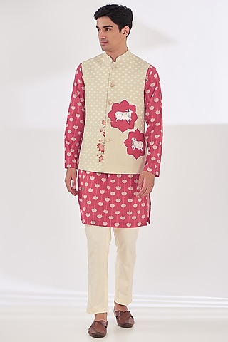 Beige Crepe Digital Animal Printed Nehru Jacket Set by SIDHARTH K KAKKAR
