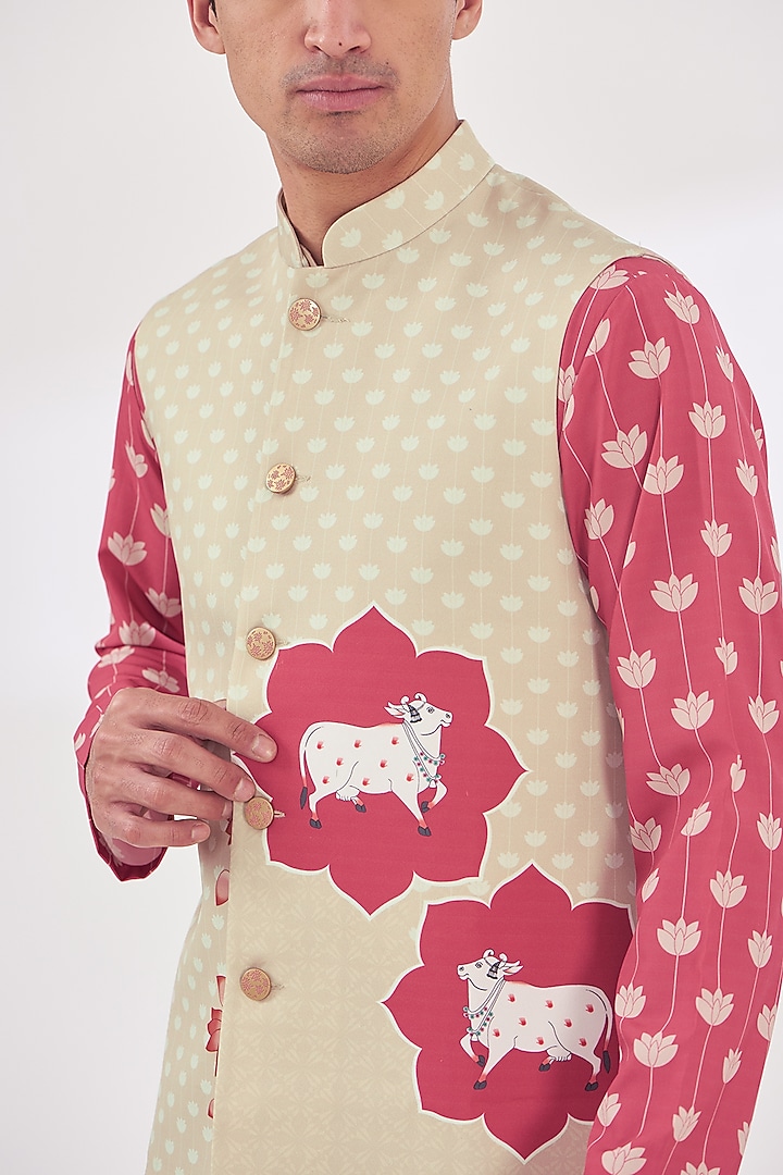 Beige Crepe Digital Animal Printed Nehru Jacket Set by SIDHARTH K KAKKAR at Pernia's Pop Up Shop