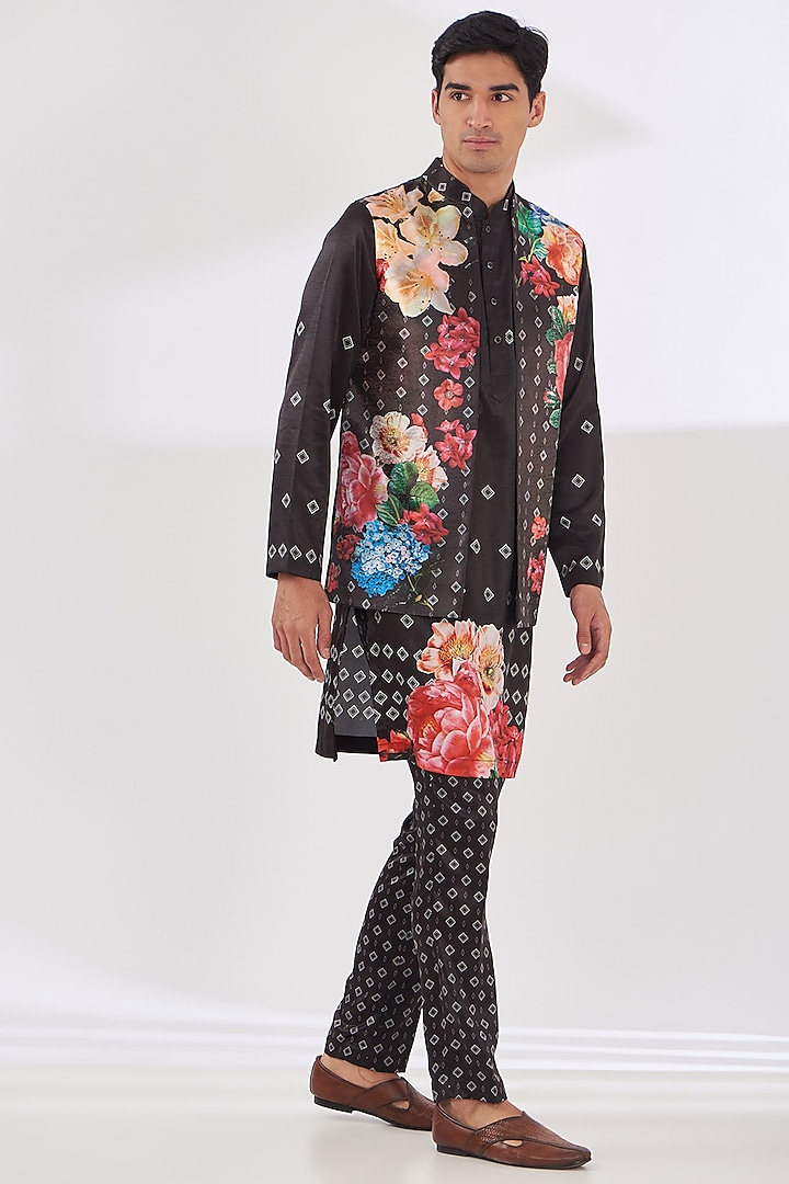 Black Satin Floral Printed Indo-Western Set by SIDHARTH K KAKKAR