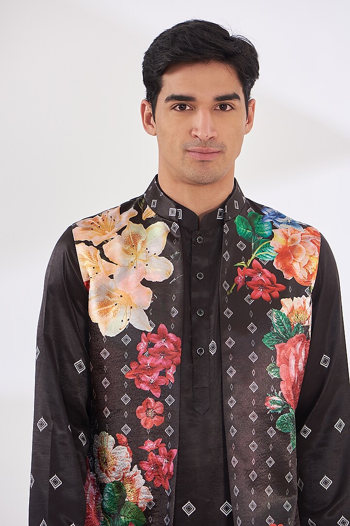 Black Satin Floral Printed Indo-Western Set by SIDHARTH K KAKKAR at Pernia's Pop Up Shop