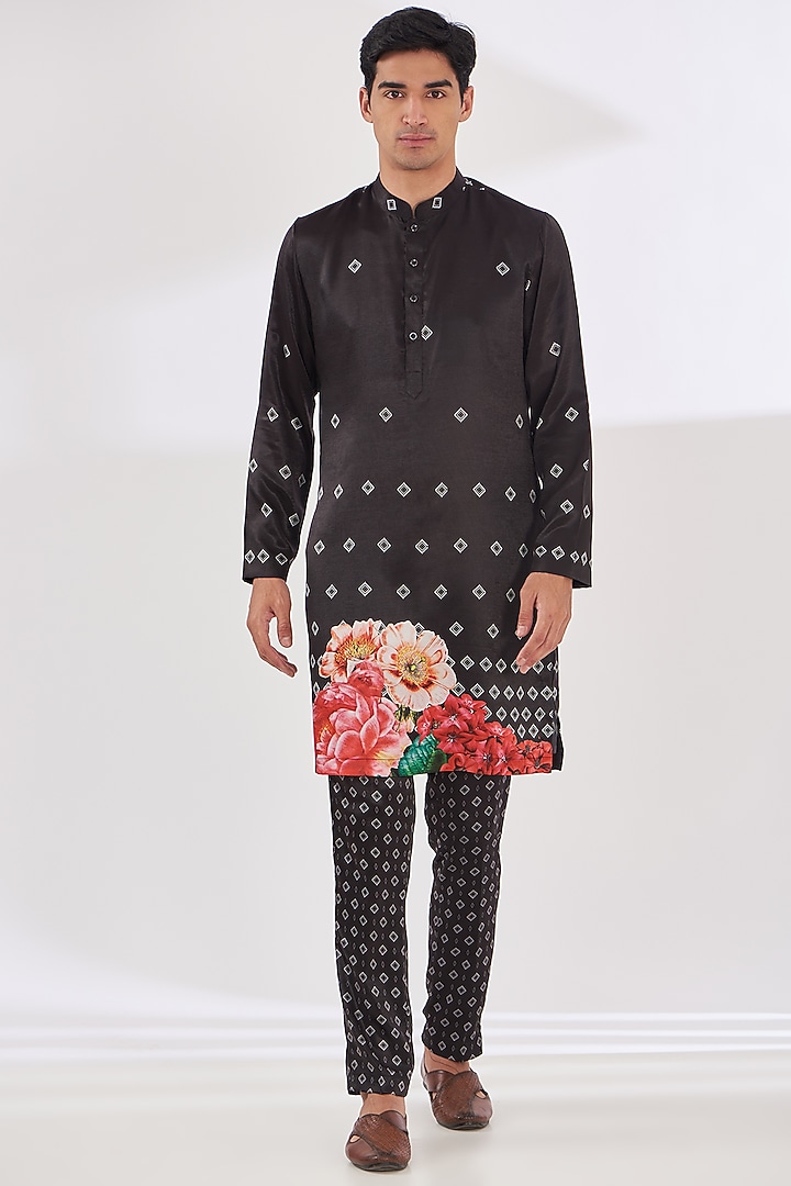 Black Satin Floral Printed Indo-Western Set by SIDHARTH K KAKKAR at Pernia's Pop Up Shop