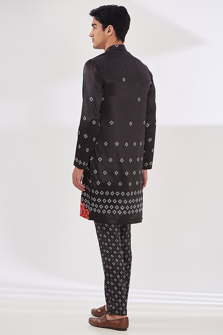 Black Satin Floral Printed Indo-Western Set by SIDHARTH K KAKKAR at Pernia's Pop Up Shop