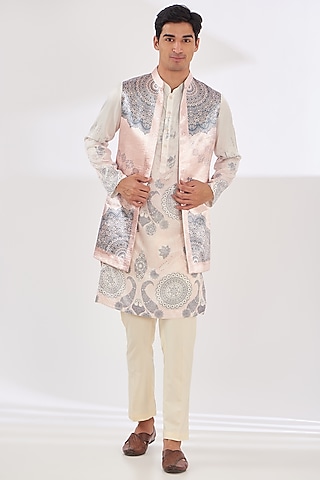 Light Beige Satin Abstract Printed Indo-Western Set by SIDHARTH K KAKKAR