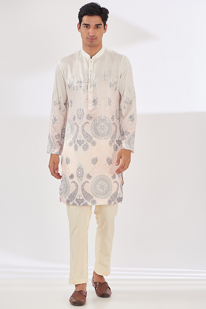 Light Beige Satin Abstract Printed Indo-Western Set by SIDHARTH K KAKKAR at Pernia's Pop Up Shop