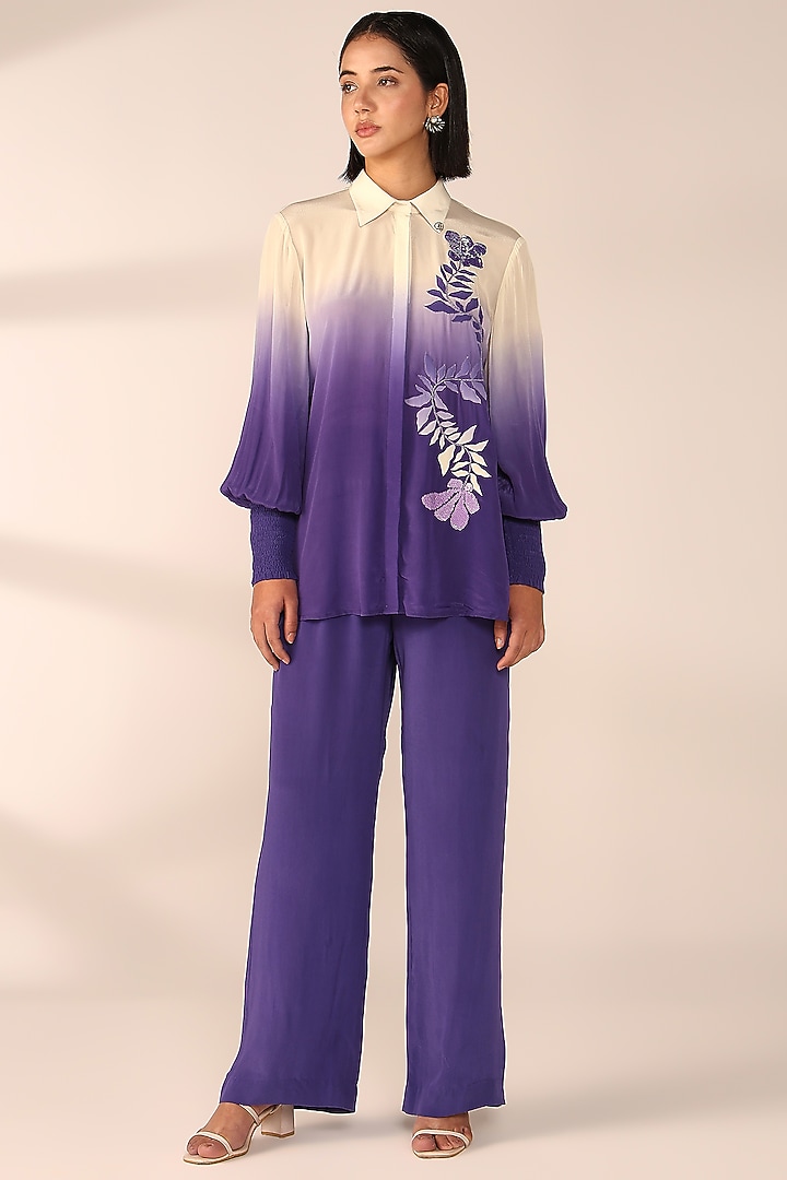 Periwinkle Ombre Italian Crepe Hand Embroidered Co-Ord Set by Sakshi Khetterpal at Pernia's Pop Up Shop