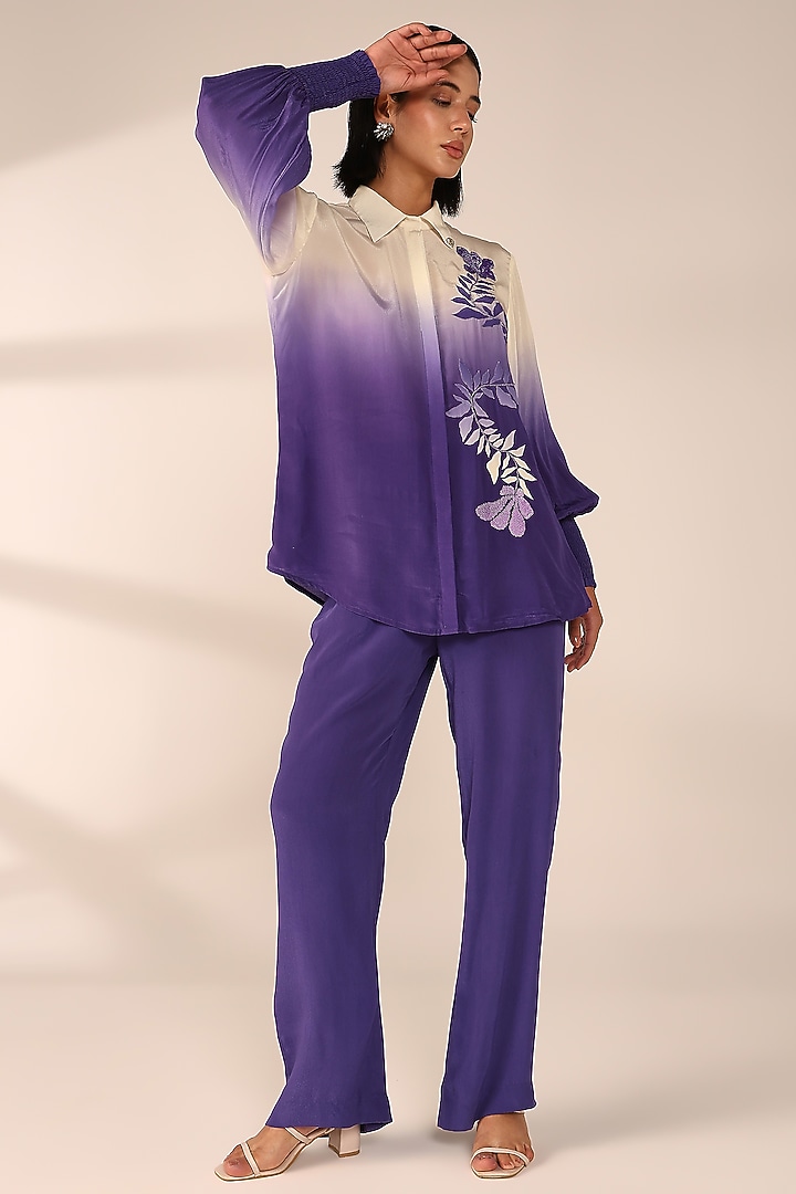 Periwinkle Ombre Italian Crepe Hand Embroidered Co-Ord Set by Sakshi Khetterpal at Pernia's Pop Up Shop