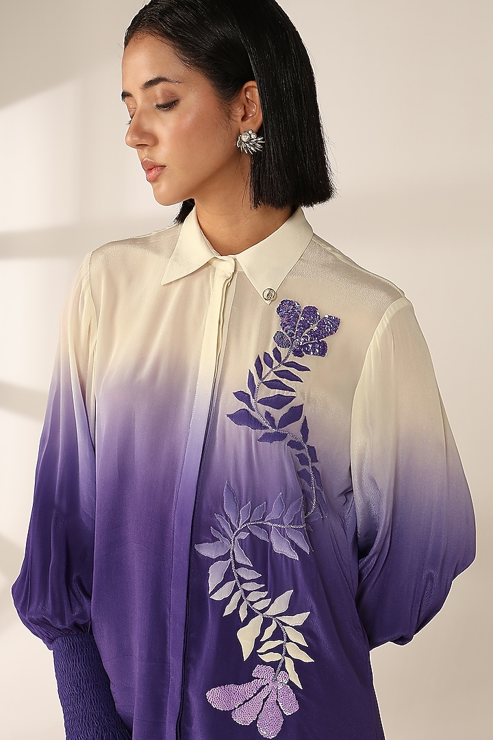 Periwinkle Ombre Italian Crepe Hand Embroidered Co-Ord Set by Sakshi Khetterpal at Pernia's Pop Up Shop