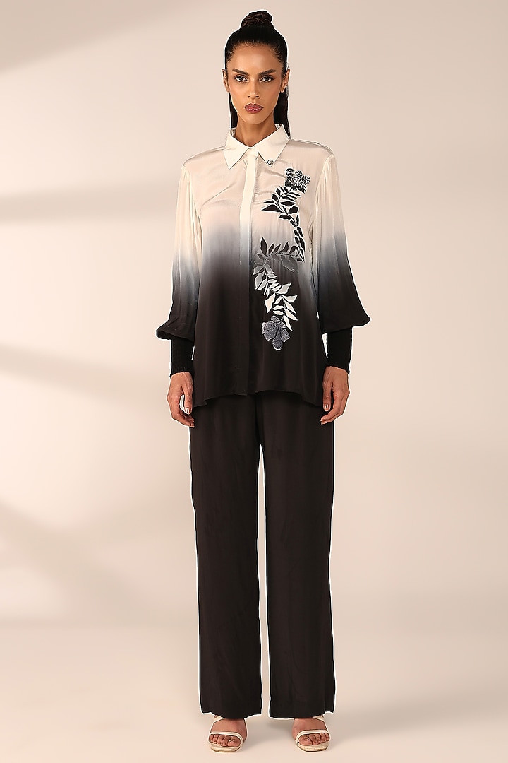 Charcoal Black Ombre Italian Crepe Hand Embroidered Co-Ord Set by Sakshi Khetterpal at Pernia's Pop Up Shop