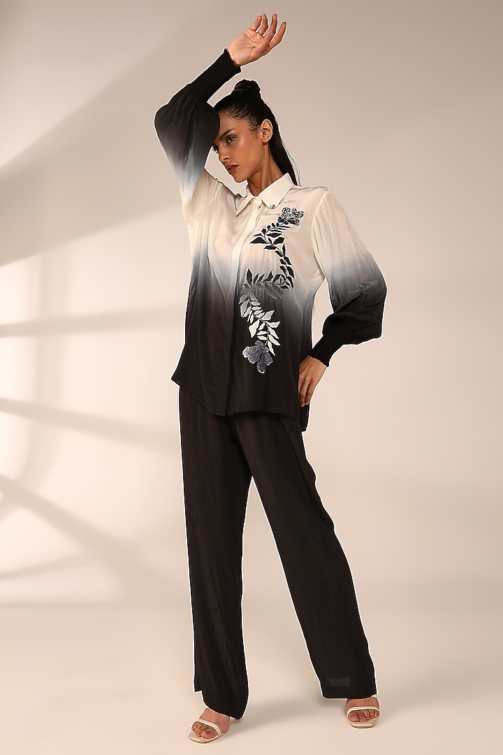 Charcoal Black Ombre Italian Crepe Hand Embroidered Co-Ord Set by Sakshi Khetterpal at Pernia's Pop Up Shop