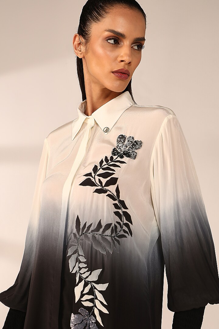 Charcoal Black Ombre Italian Crepe Hand Embroidered Co-Ord Set by Sakshi Khetterpal at Pernia's Pop Up Shop
