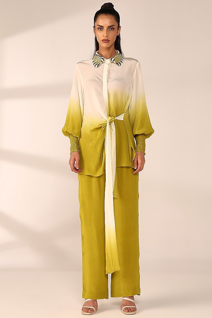 Citrus Yellow Italian Crepe Hand Embroidered Co-Ord Set by Sakshi Khetterpal at Pernia's Pop Up Shop