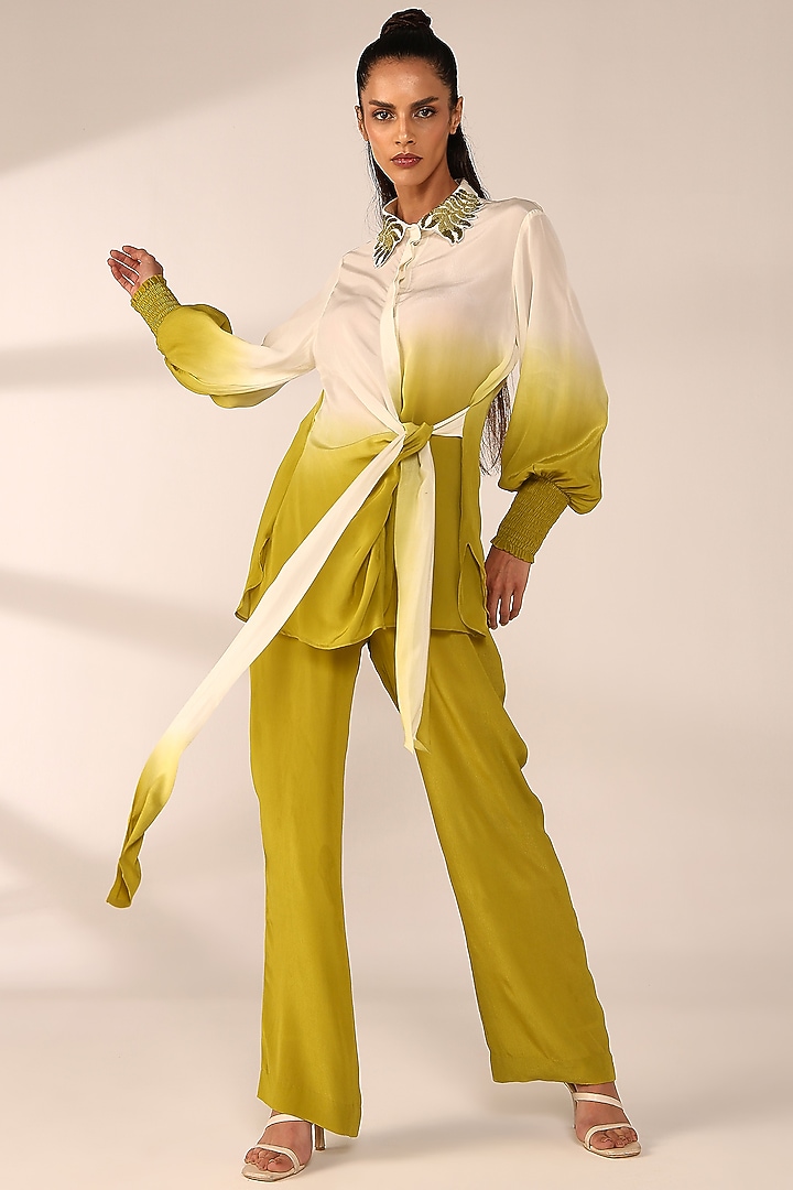 Citrus Yellow Italian Crepe Hand Embroidered Co-Ord Set by Sakshi Khetterpal at Pernia's Pop Up Shop