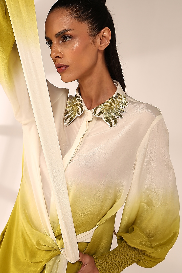 Citrus Yellow Italian Crepe Hand Embroidered Co-Ord Set by Sakshi Khetterpal at Pernia's Pop Up Shop