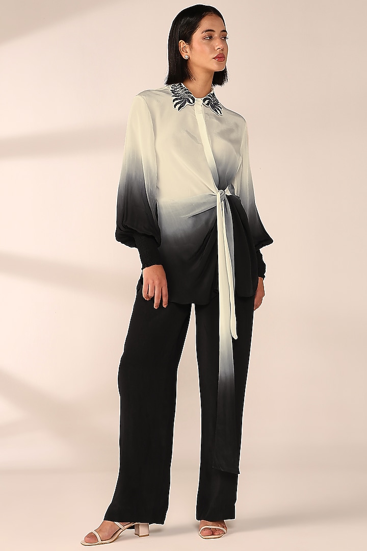 Charcoal Black Italian Crepe Hand Embroidered Co-Ord Set by Sakshi Khetterpal at Pernia's Pop Up Shop