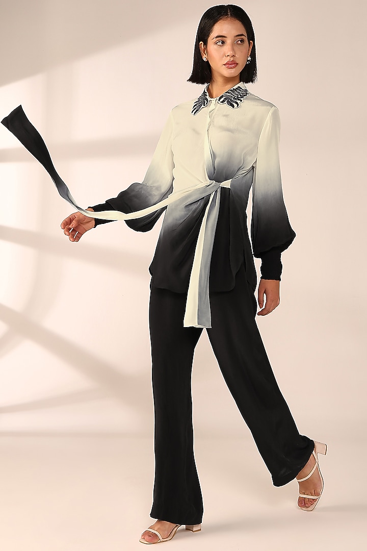 Charcoal Black Italian Crepe Hand Embroidered Co-Ord Set by Sakshi Khetterpal at Pernia's Pop Up Shop