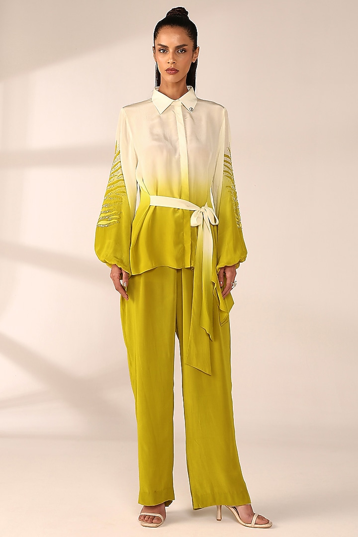 Citrus Yellow Italian Crepe Patch Work Co-Ord Set by Sakshi Khetterpal at Pernia's Pop Up Shop