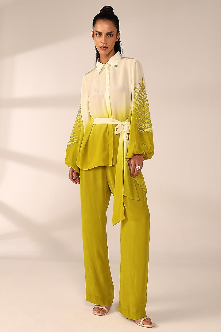 Citrus Yellow Italian Crepe Patch Work Co-Ord Set by Sakshi Khetterpal at Pernia's Pop Up Shop