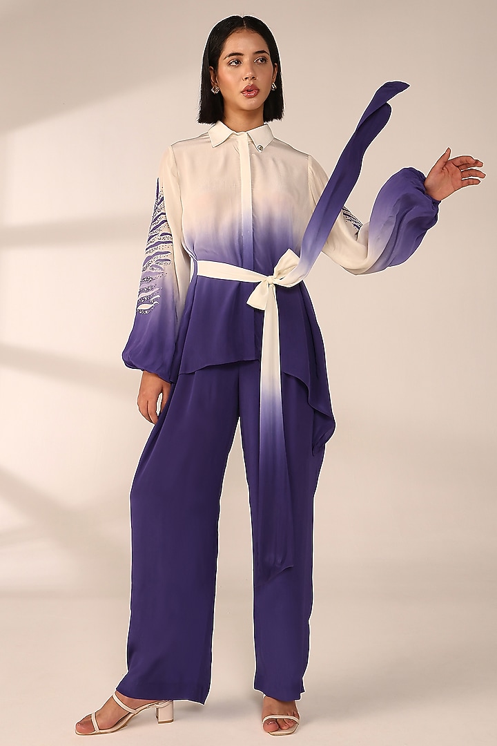 Periwinkle Italian Crepe Patch Work Co-Ord Set by Sakshi Khetterpal at Pernia's Pop Up Shop