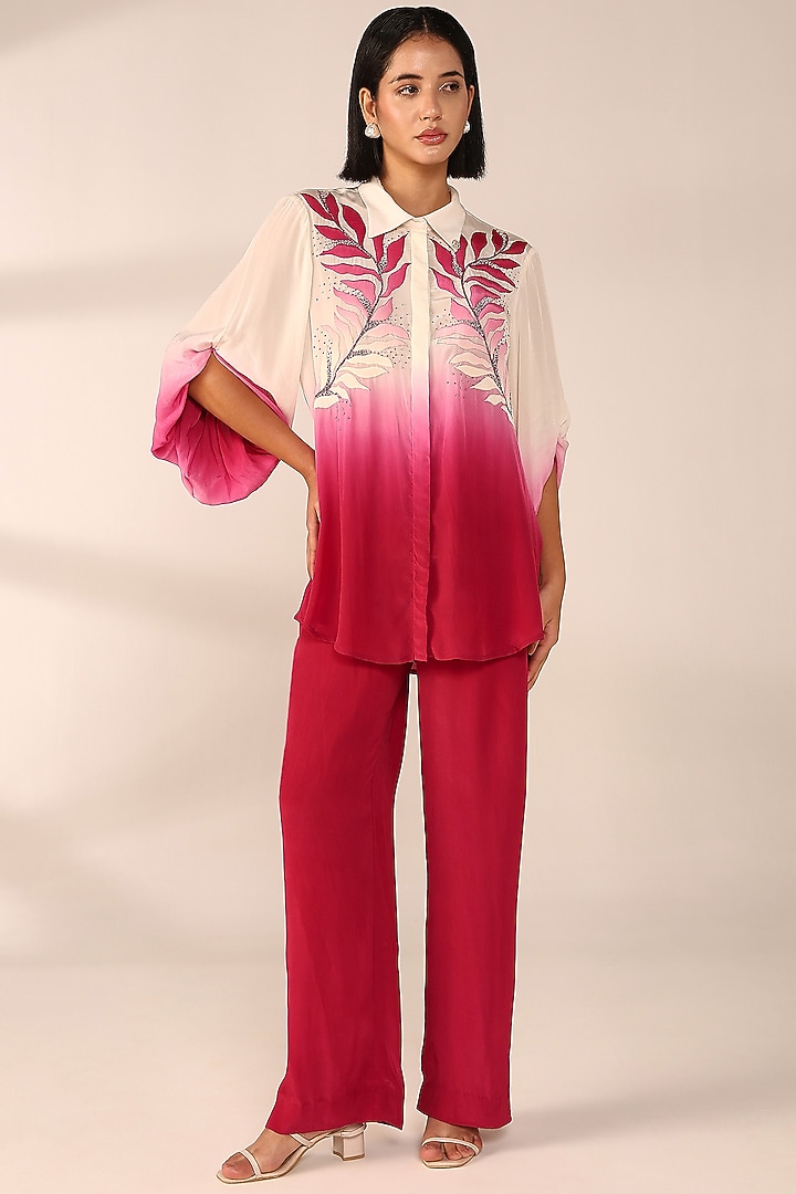 Crimson Red Italian Crepe Hand Embroidered Co-Ord Set by Sakshi Khetterpal at Pernia's Pop Up Shop