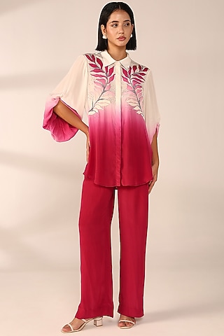 Crimson Red Italian Crepe Hand Embroidered Co-Ord Set by Sakshi Khetterpal