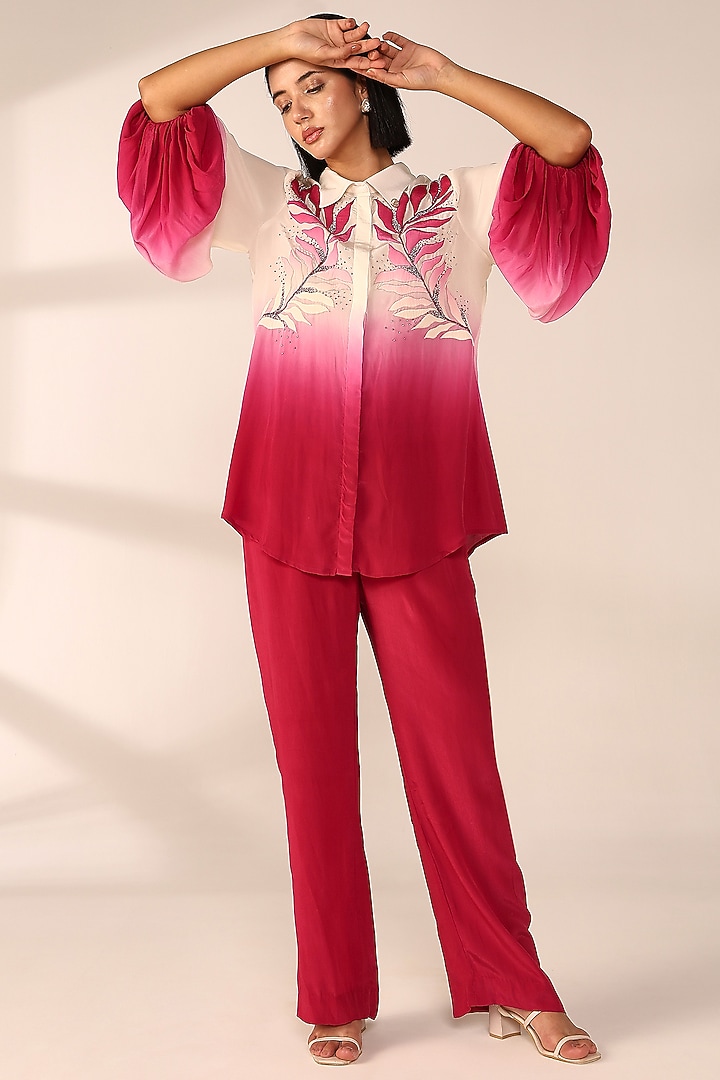 Crimson Red Italian Crepe Hand Embroidered Co-Ord Set by Sakshi Khetterpal at Pernia's Pop Up Shop