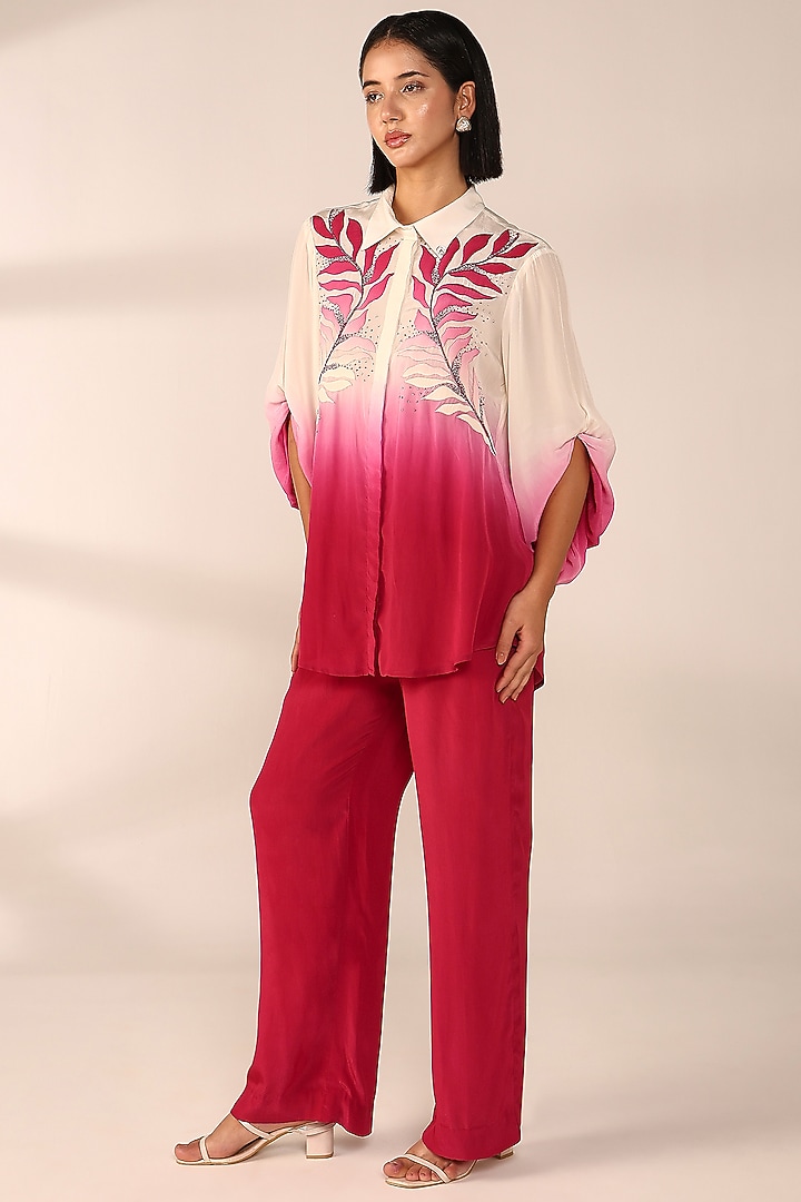 Crimson Red Italian Crepe Hand Embroidered Co-Ord Set by Sakshi Khetterpal at Pernia's Pop Up Shop