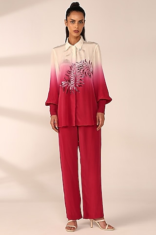 Crimson Red Ombre Italian Crepe Hand Embroidered Co-Ord Set by Sakshi Khetterpal