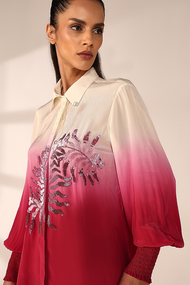 Crimson Red Ombre Italian Crepe Hand Embroidered Co-Ord Set by Sakshi Khetterpal at Pernia's Pop Up Shop