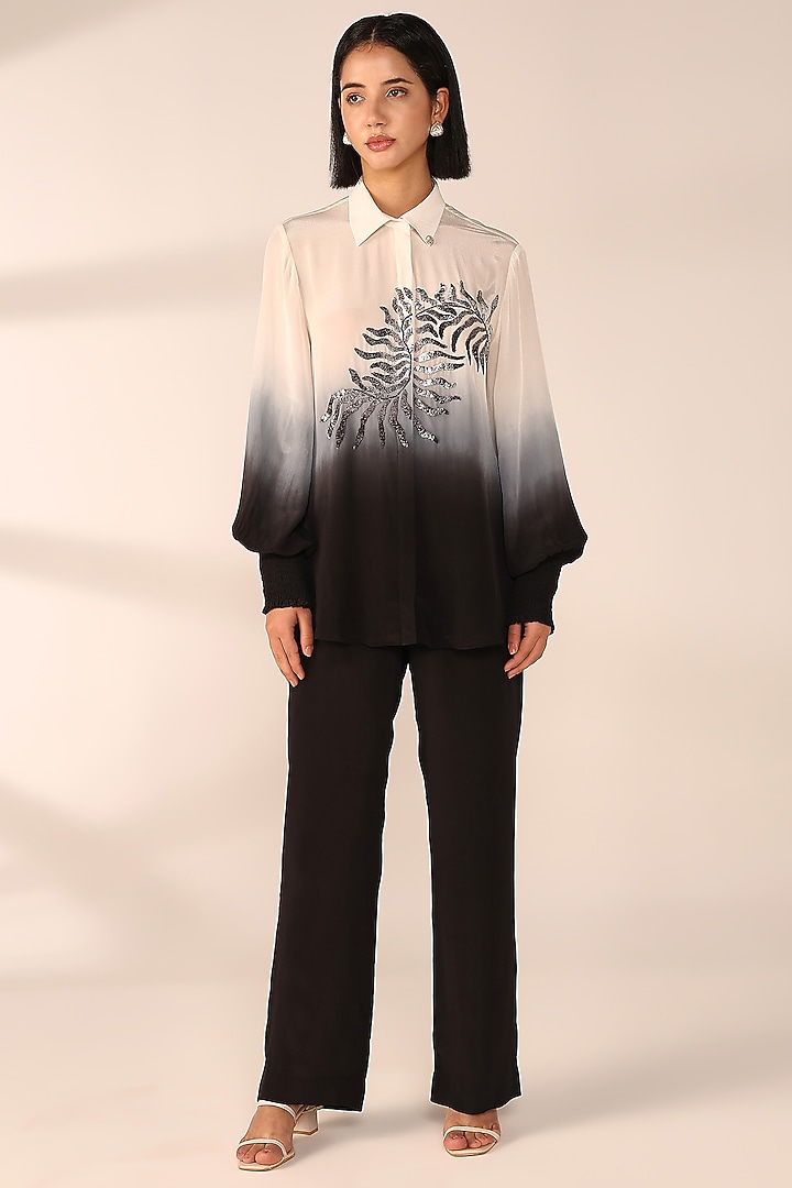 Charcoal Black Ombre Italian Crepe Hand Embroidered Co-Ord Set by Sakshi Khetterpal at Pernia's Pop Up Shop