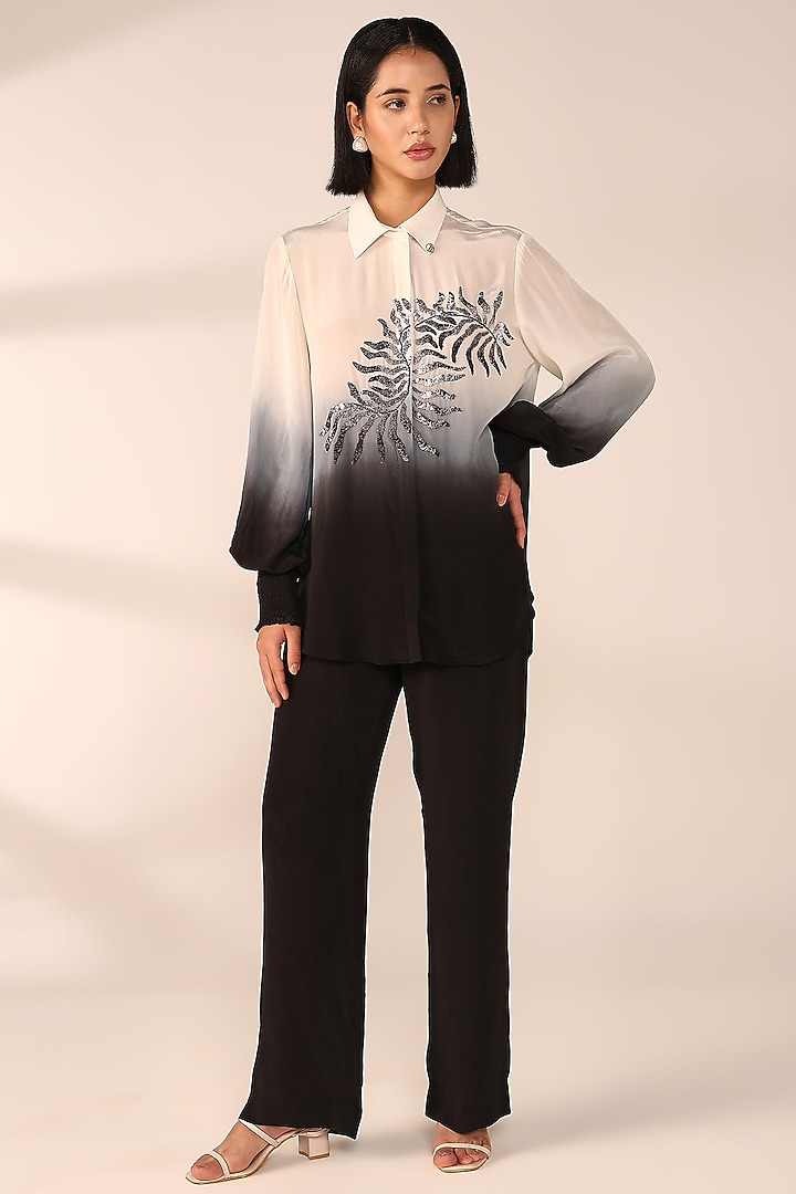 Charcoal Black Ombre Italian Crepe Hand Embroidered Co-Ord Set by Sakshi Khetterpal at Pernia's Pop Up Shop