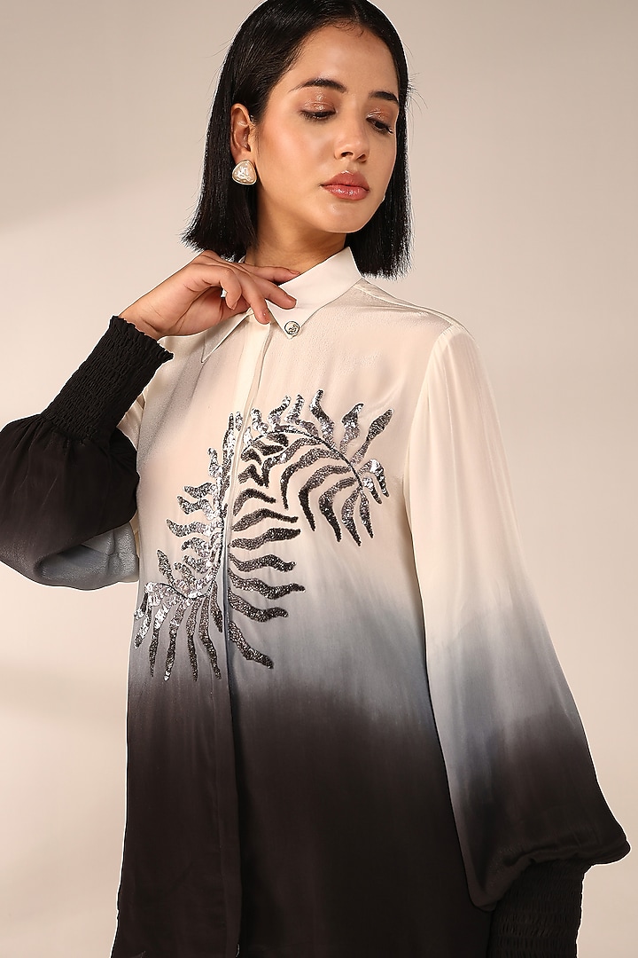 Charcoal Black Ombre Italian Crepe Hand Embroidered Co-Ord Set by Sakshi Khetterpal at Pernia's Pop Up Shop