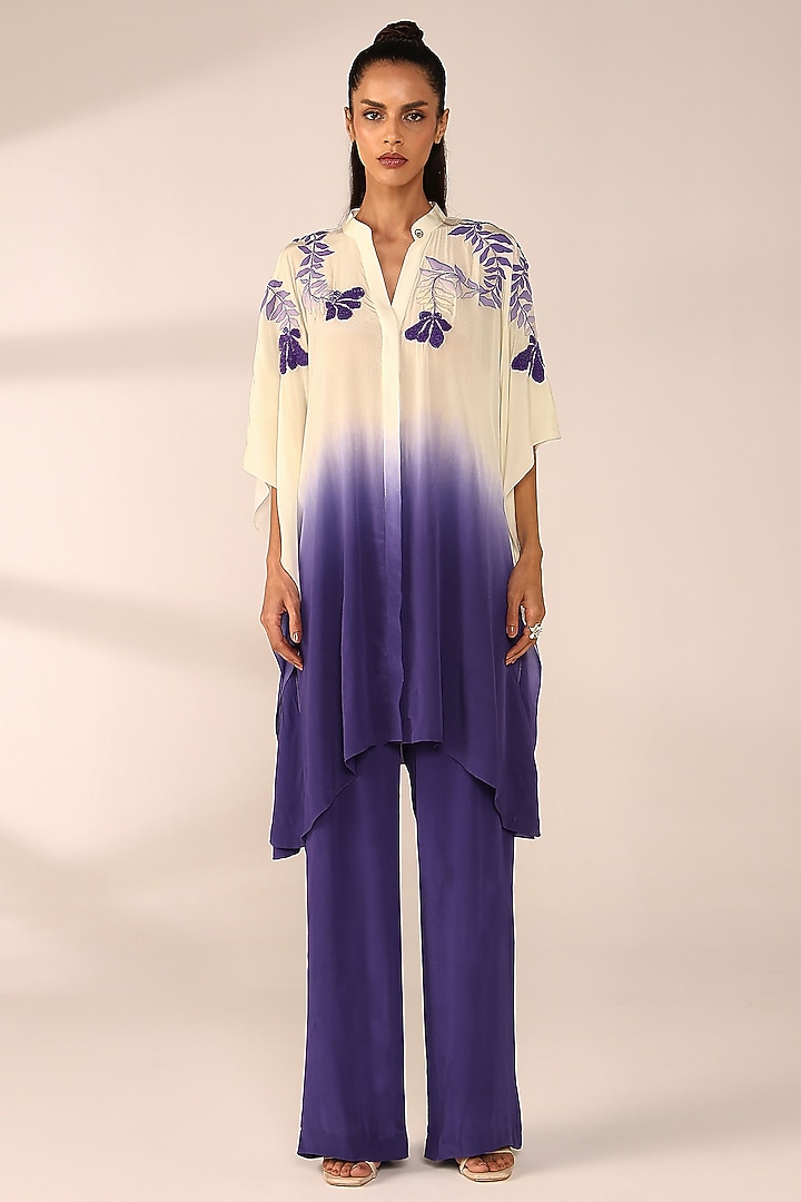 Periwinkle Ombre Italian Crepe Hand Embroidered Co-Ord Set by Sakshi Khetterpal at Pernia's Pop Up Shop
