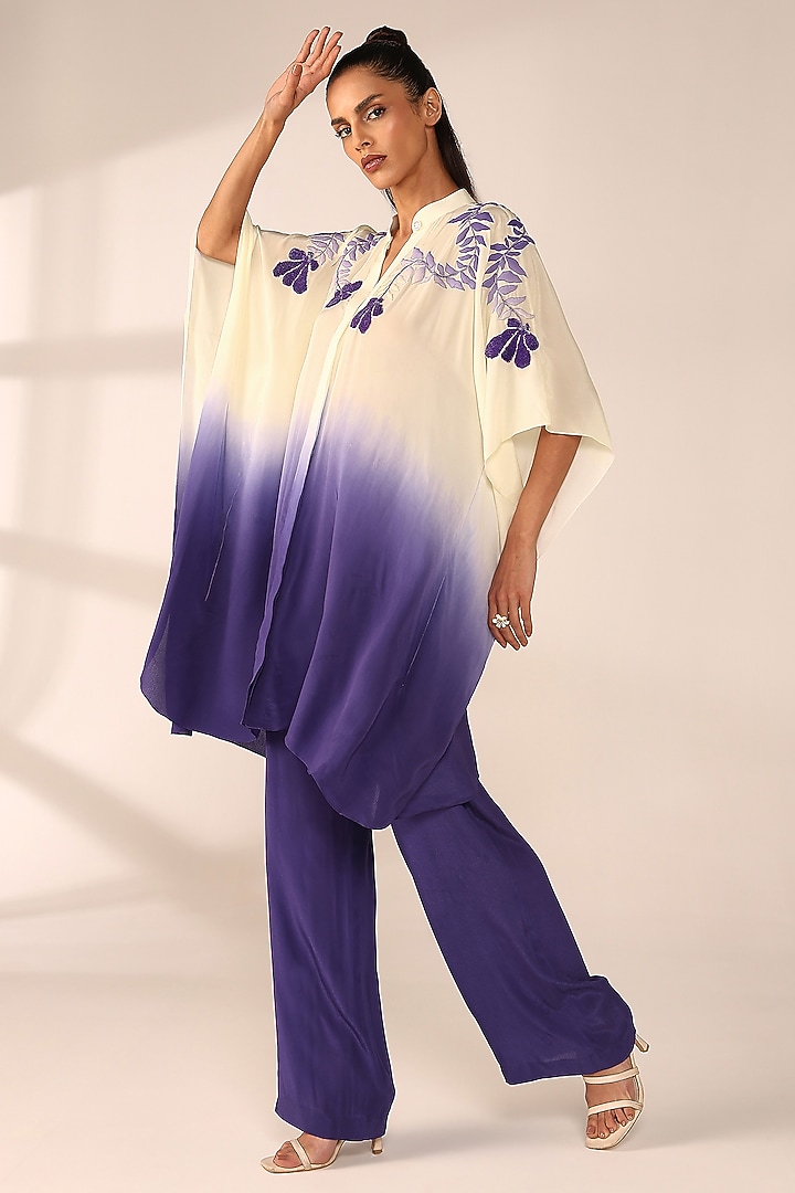 Periwinkle Ombre Italian Crepe Hand Embroidered Co-Ord Set by Sakshi Khetterpal at Pernia's Pop Up Shop