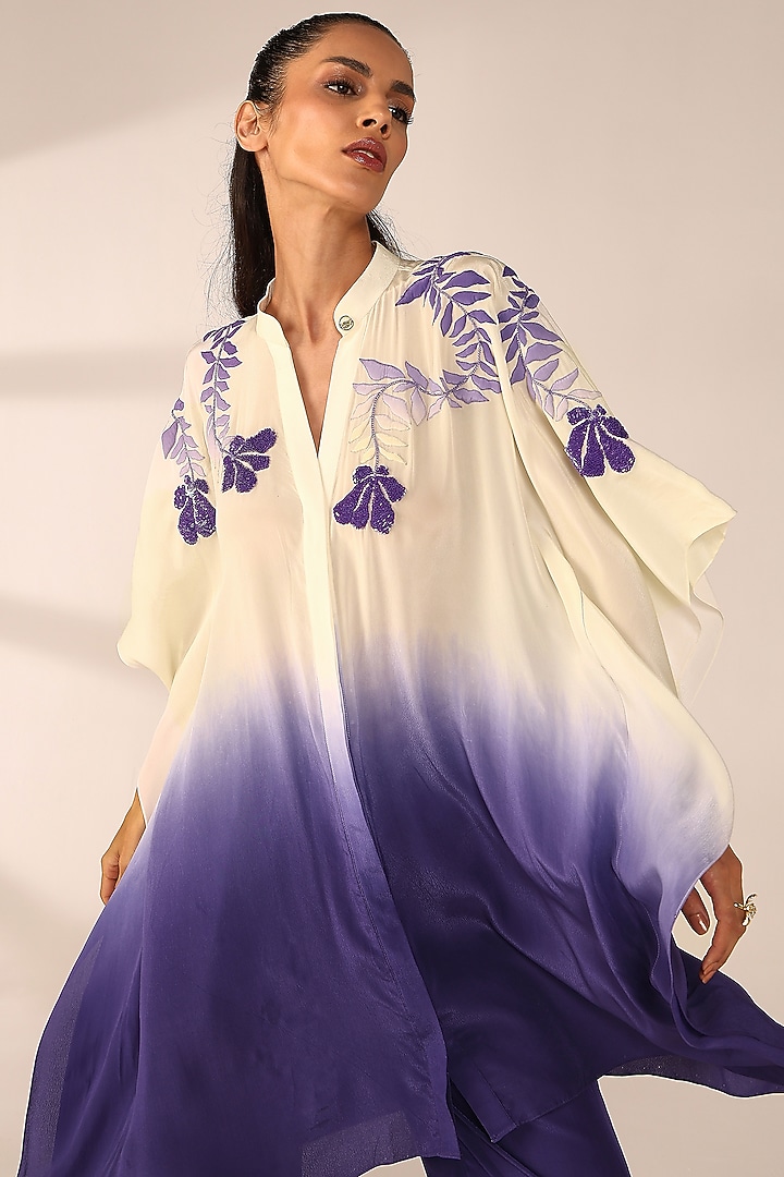 Periwinkle Ombre Italian Crepe Hand Embroidered Co-Ord Set by Sakshi Khetterpal at Pernia's Pop Up Shop