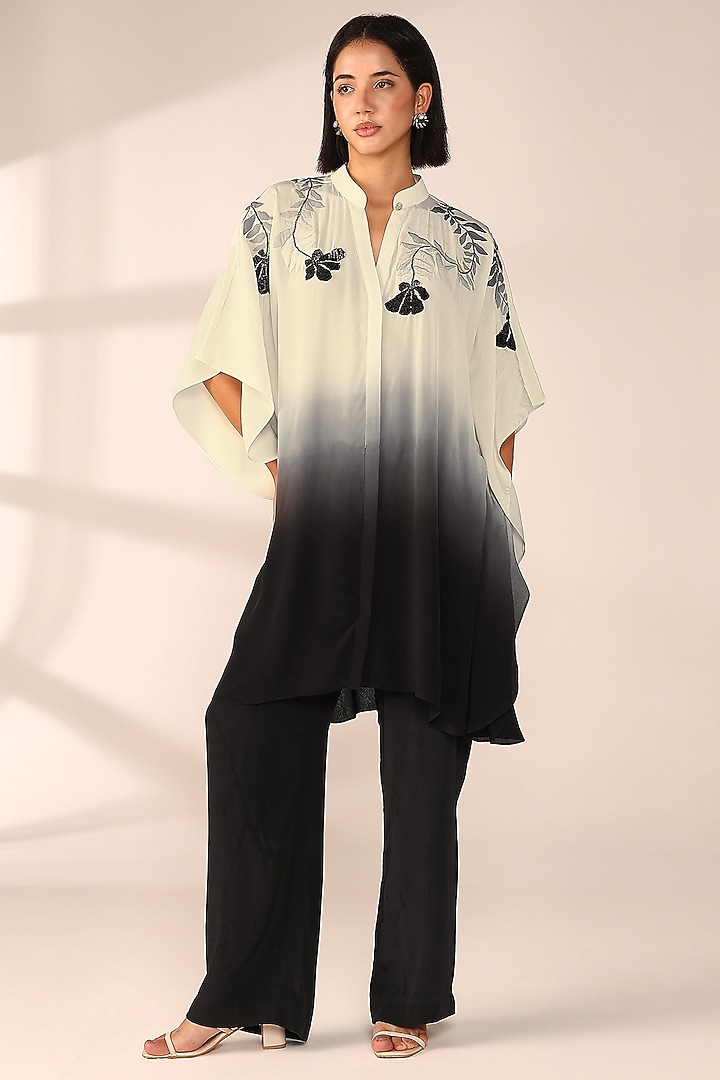 Charcoal Black Ombre Italian Crepe Hand Embroidered Co-Ord Set by Sakshi Khetterpal at Pernia's Pop Up Shop