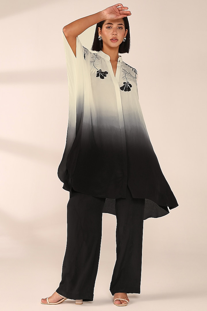 Charcoal Black Ombre Italian Crepe Hand Embroidered Co-Ord Set by Sakshi Khetterpal at Pernia's Pop Up Shop