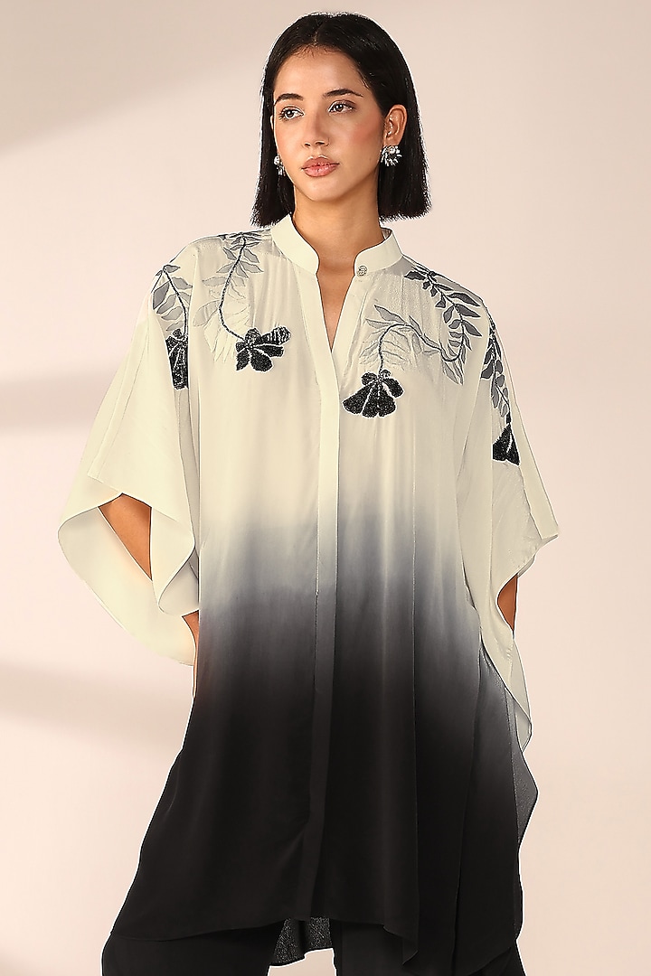 Charcoal Black Ombre Italian Crepe Hand Embroidered Co-Ord Set by Sakshi Khetterpal at Pernia's Pop Up Shop