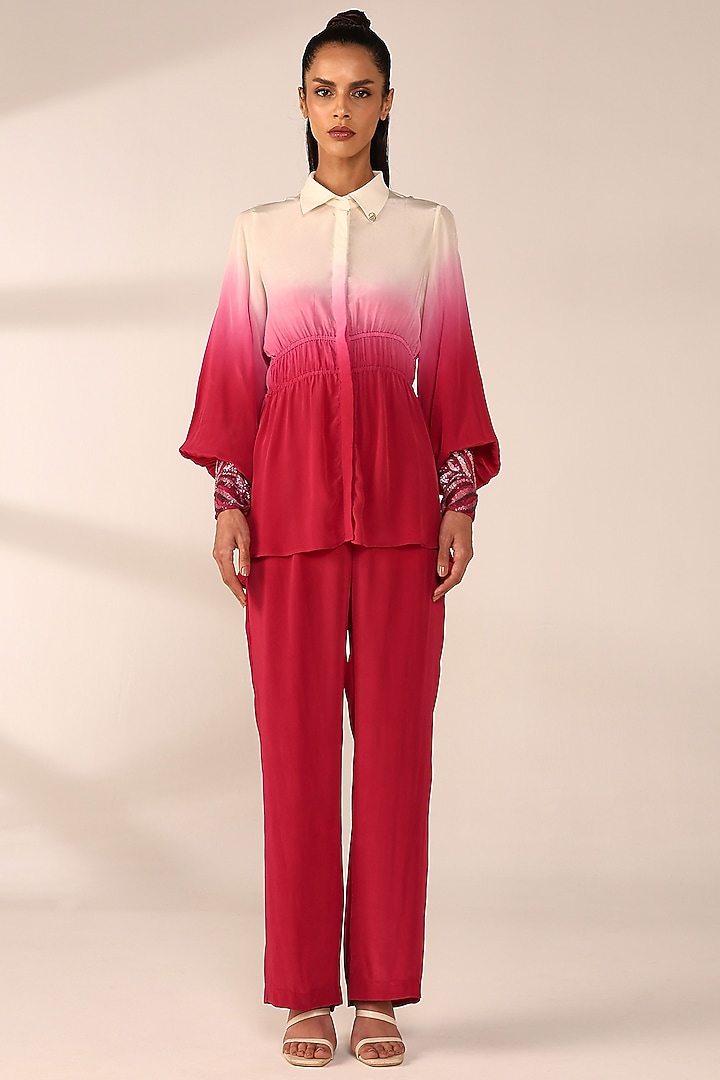 Crimson Red Italian Crepe Hand Embroidered Co-Ord Set by Sakshi Khetterpal at Pernia's Pop Up Shop