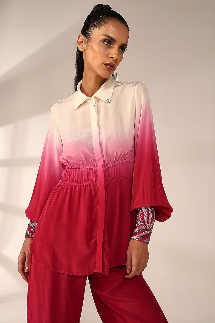 Crimson Red Italian Crepe Hand Embroidered Co-Ord Set by Sakshi Khetterpal at Pernia's Pop Up Shop