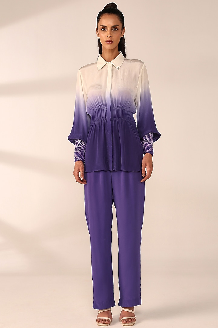 Periwinkle Italian Crepe Hand Embroidered Co-Ord Set by Sakshi Khetterpal at Pernia's Pop Up Shop