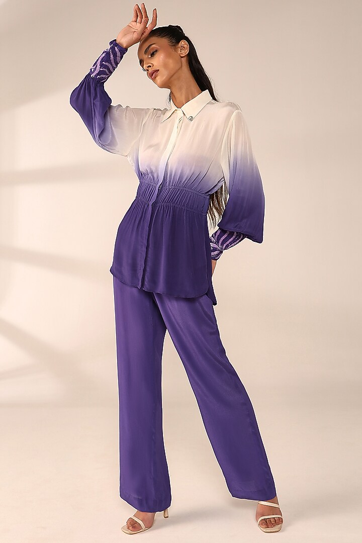 Periwinkle Italian Crepe Hand Embroidered Co-Ord Set by Sakshi Khetterpal at Pernia's Pop Up Shop