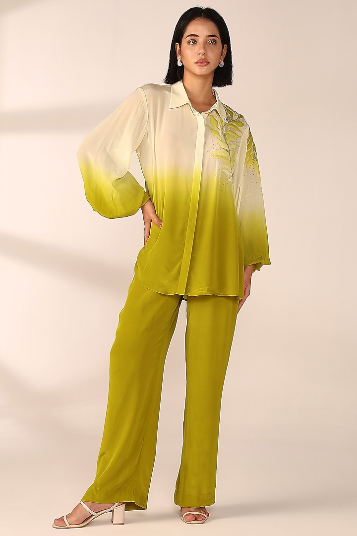 Citrus Yellow Ombre Crepe Hand Embroidered Co-Ord Set by Sakshi Khetterpal at Pernia's Pop Up Shop