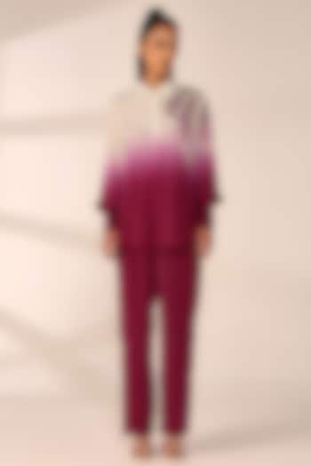 Crimson Red Ombre Crepe Hand Embroidered Co-Ord Set by Sakshi Khetterpal at Pernia's Pop Up Shop